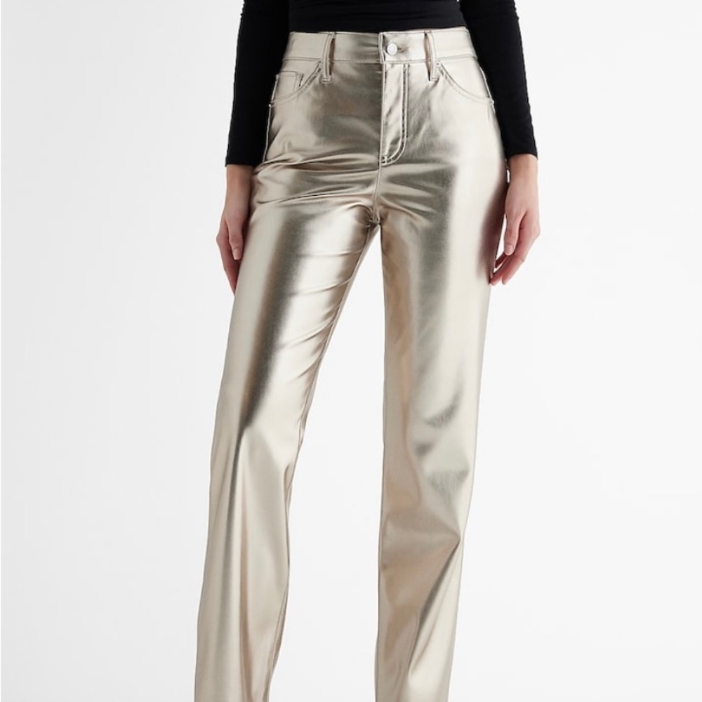 Express High Wasted Beige Metallic Faux Leather Modern Straight Pant, so 8 long